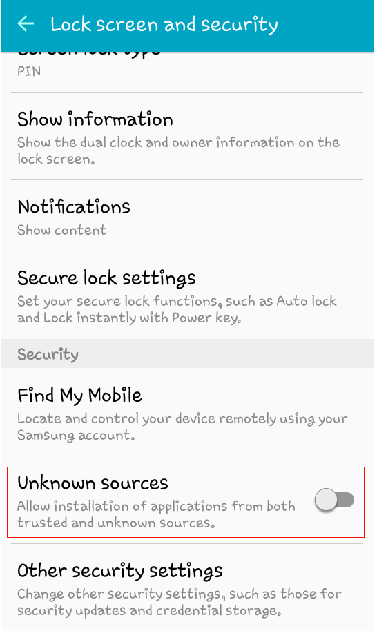 Lockscreen and Secuity --> Allow Unknown Sources